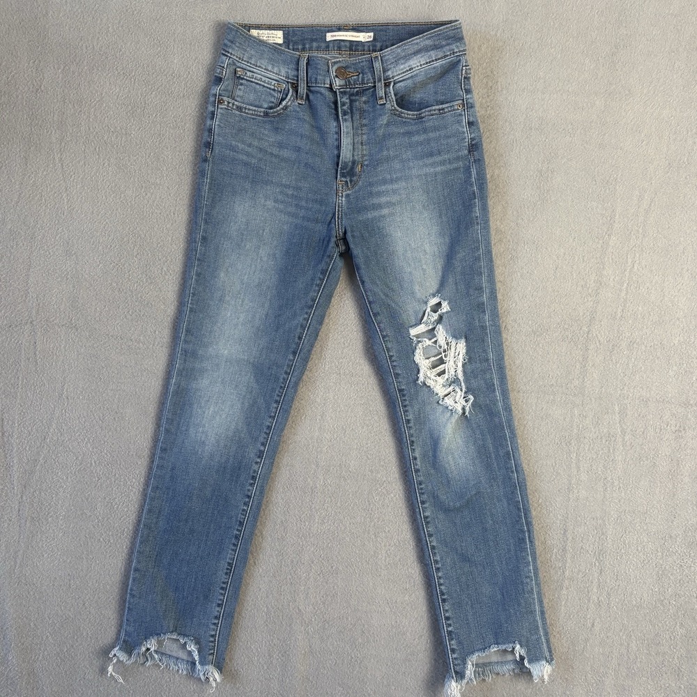 Levi's 724 High Rise Straight‎ Jeans Womens 26 Distressed Raw Hem Denim